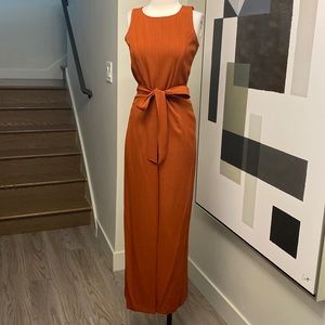 Julia Jordan rust pinstripe jumpsuit.